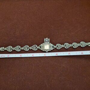 Vintage Silver Tone Rhinestone Watch Bracelet 8” Covered Face Filigree Links